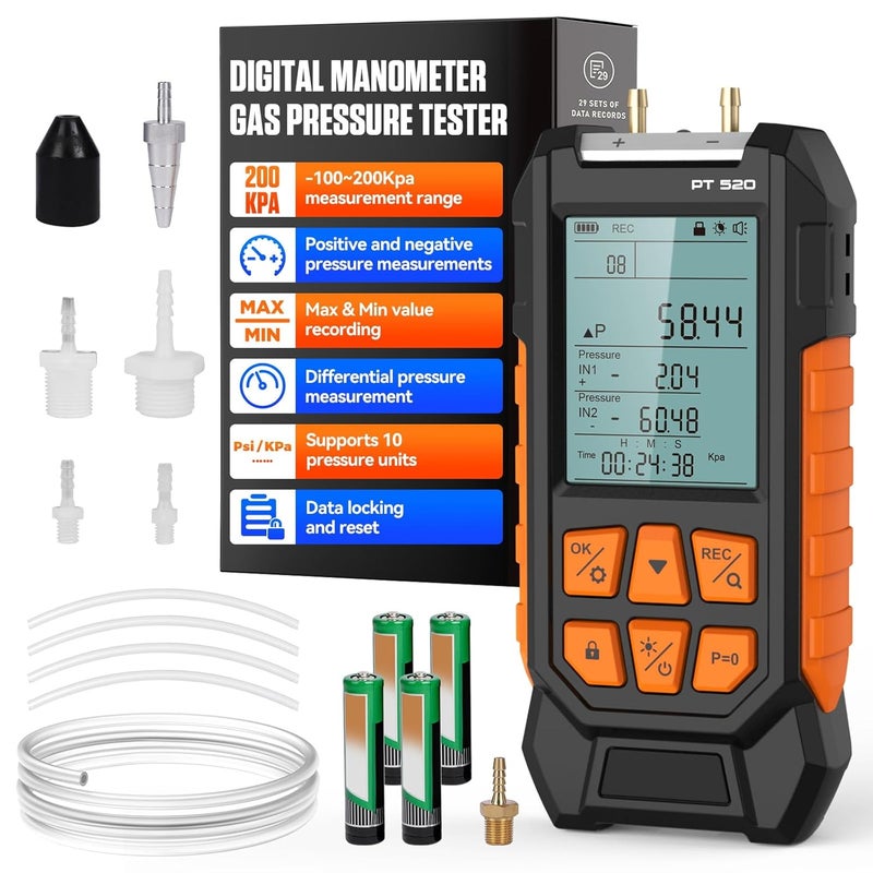 Autory Manometer Gas Pressure Tester Dual-Port Digital Manometer 10 Measurement Units, Manometer HVAC Gas Pressure Tester with 29 Sets Data Recording, Backlight & Flashlight, Auto-Shutdown, -100 to 200Kpa - Image 1